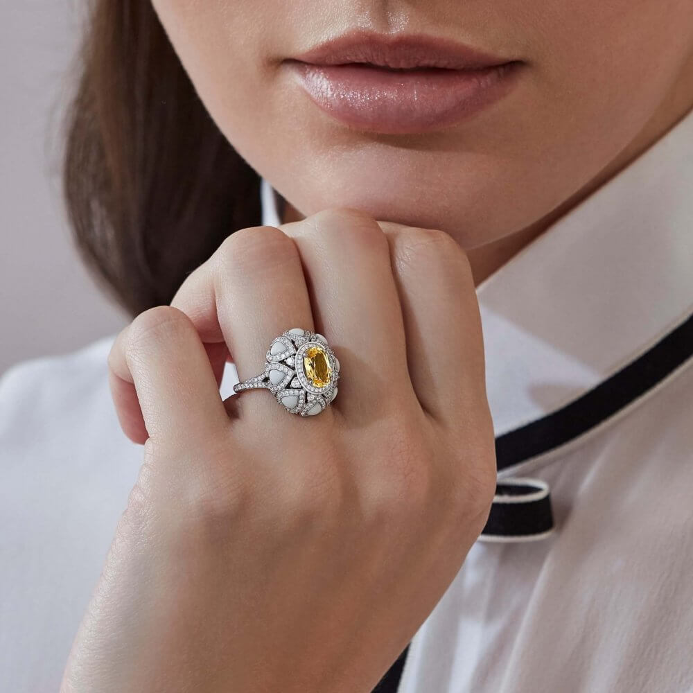 Garrard Aloria Collection yellow sapphire cocktail ring in 18ct white gold with diamonds and cacholong Opal 2017145 On Model scaled 1000x1000 1